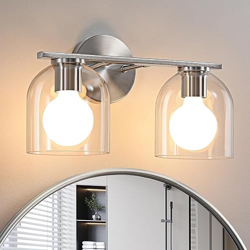 WOSHITU Moderna lámpara de tocador de baño de níquel cepillado de 14.2 pulgadas: 2 apliques de luz con pantalla de vidrio transparente para espejo