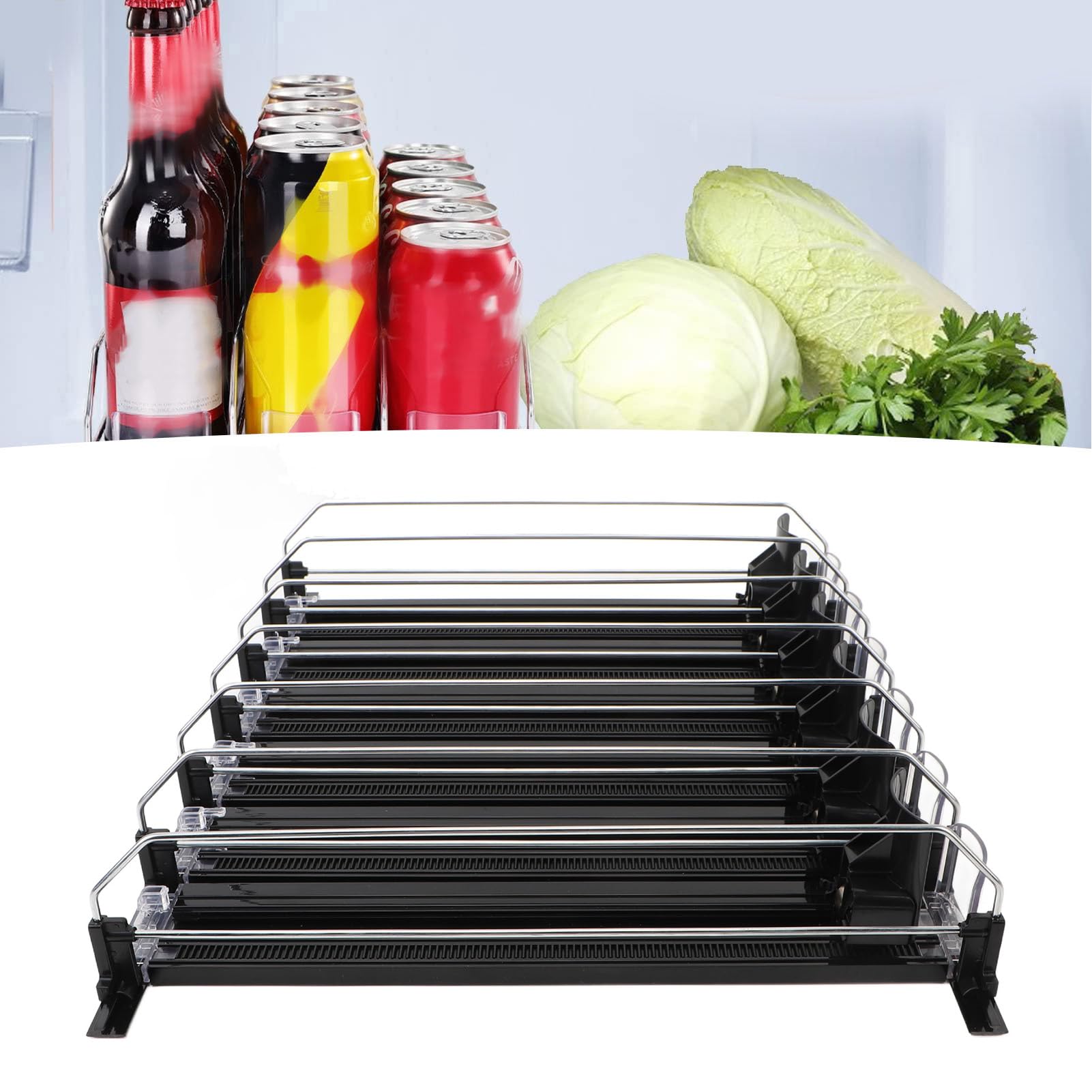 Omabeta Organizador de Latas para Frigorífico ABS, Dispensador de Bebidas Gaseosas de Fácil Carga Ajustable para el Hogar, Bar, Cocina, Refrigeradores de Garaje (Negro)