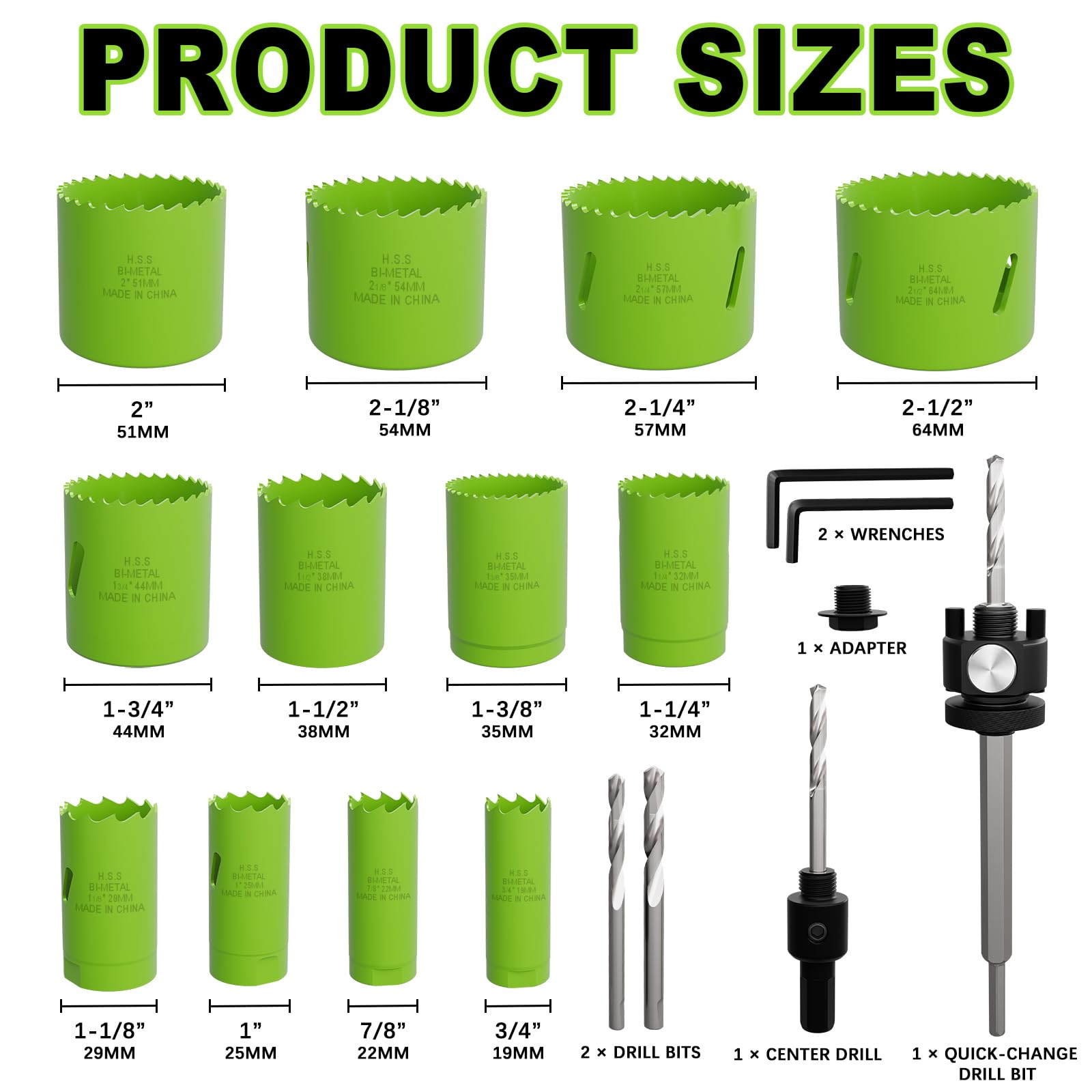Kit di 19 seghe a tazza bimetalliche con rimozione rapida del nucleo in dimensioni da 19 mm a 64 mm, per taglio professionale di legno, ferro sottile, PVC e plastica
