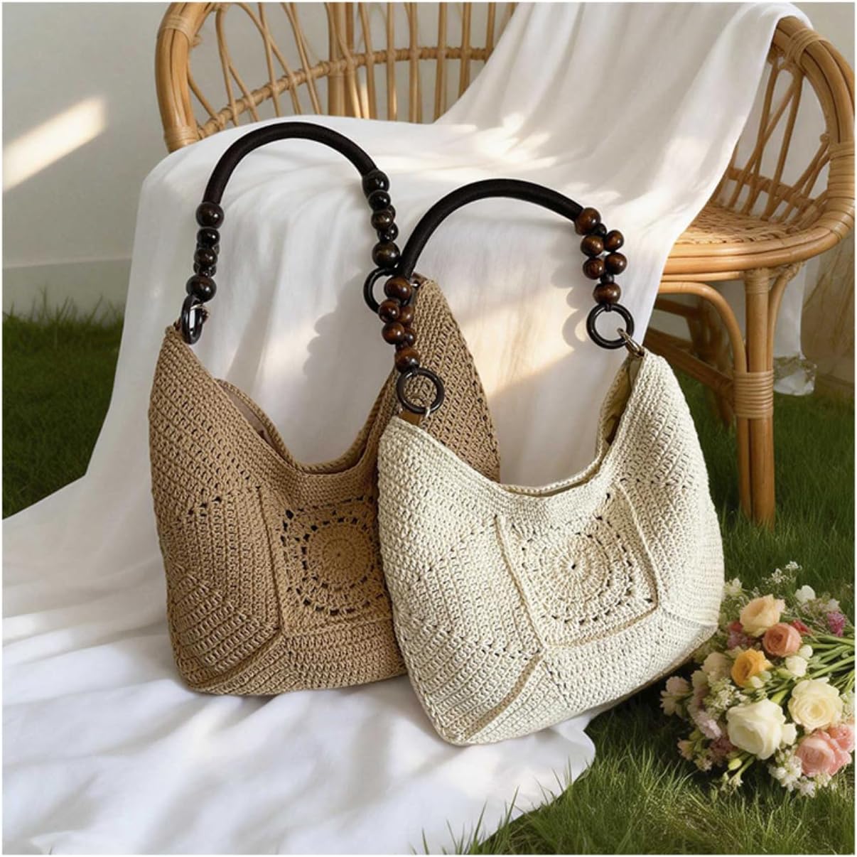 Bohemia Summer Crochet Beach Bag Women Underarm Shoulder Bags Cute Crossbody Purse Travel Top-handle Tote Hobo Handbag