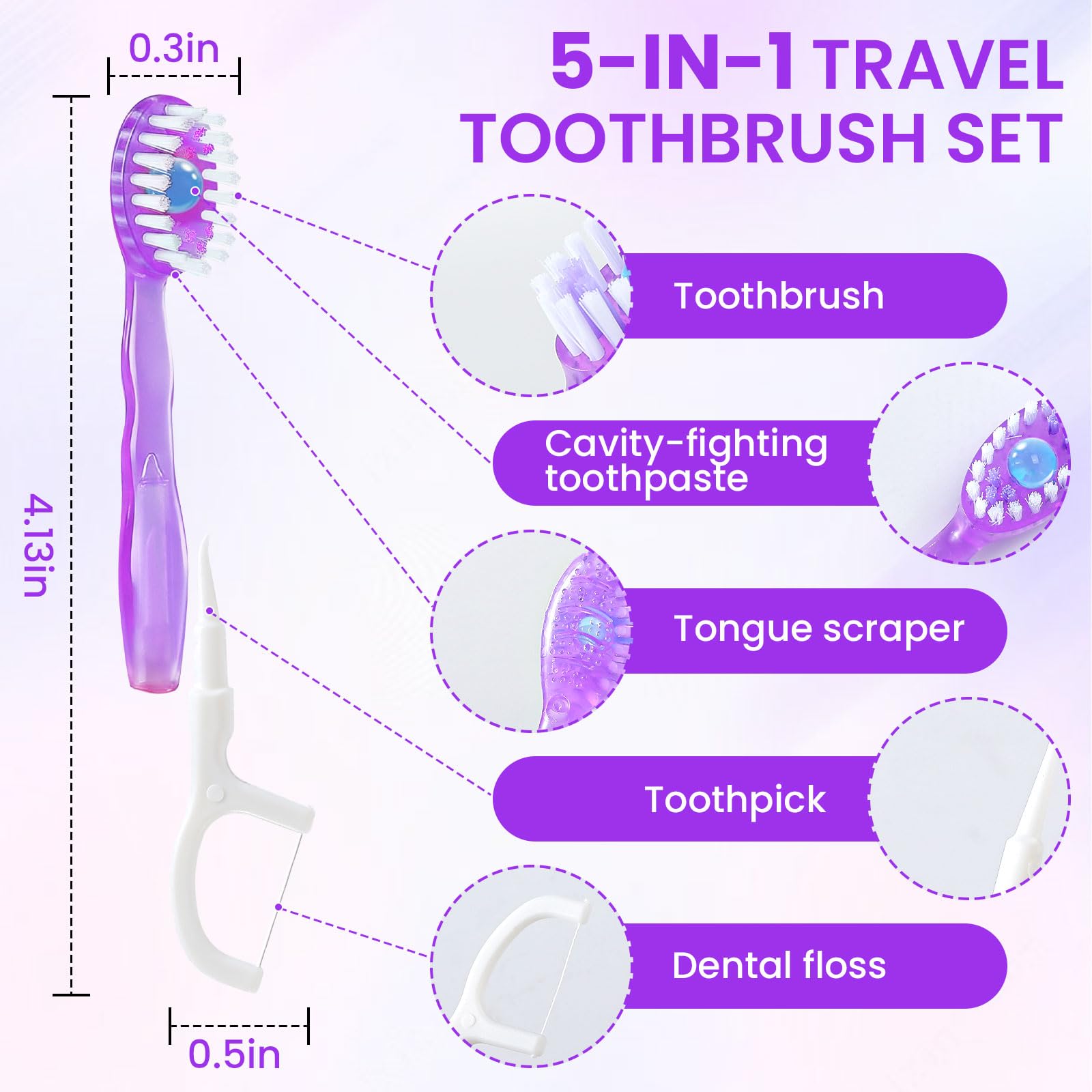 Paquete de 48 mini cepillos de dientes desechables 5 en 1, sin agua, con pasta de dientes, hilo dental, raspador de lengua, palillo de dientes, cepillos de dientes prepegados para viajes y