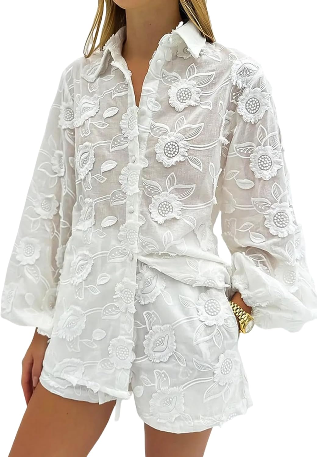 NIFTRIRY Women Two Piece Sets Dressy Long Sleeve Floral Embroidery Casaul Lace Blouse and Shorts with Tied Summer Outifts