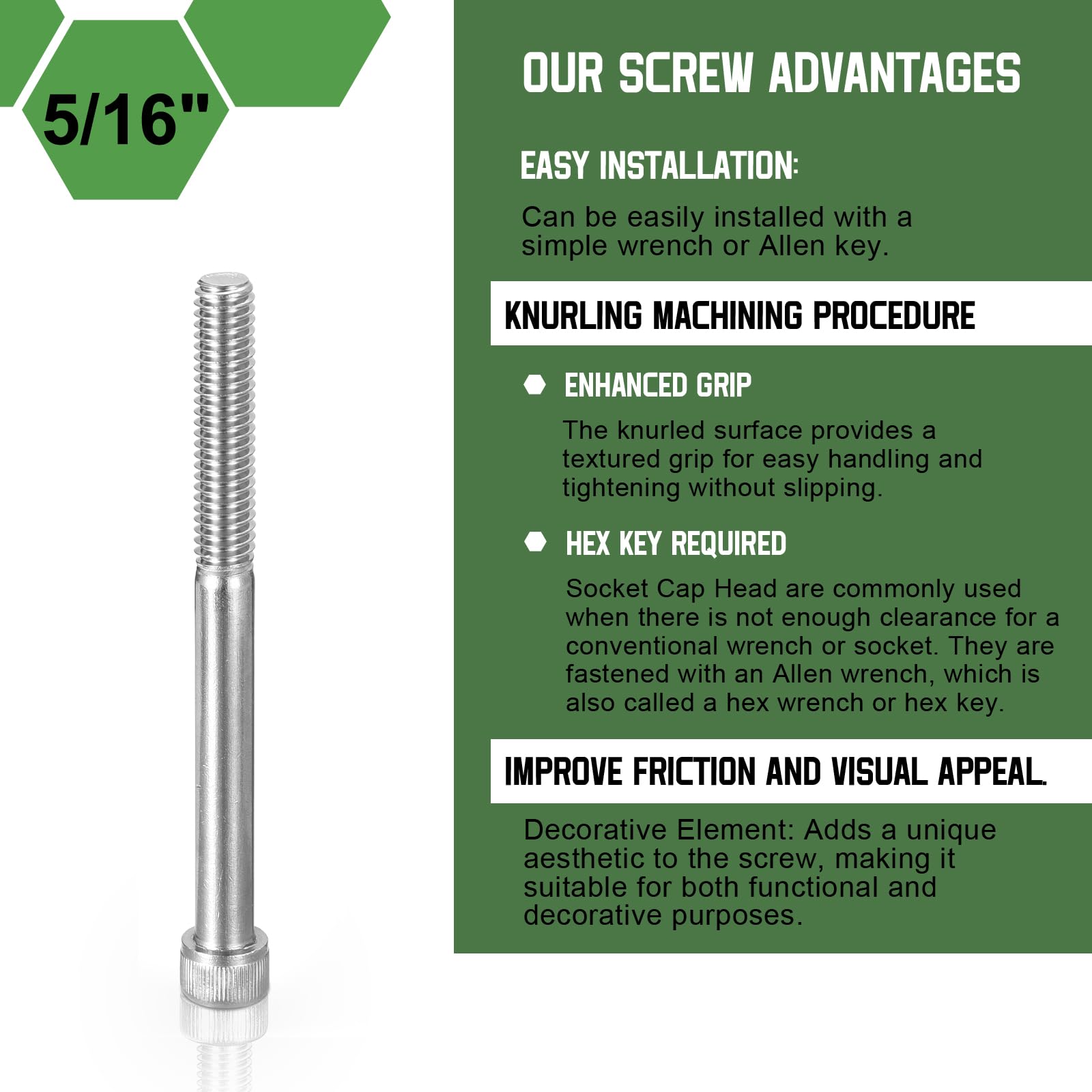 uxcell Hex Socket Bolts (5/16"-18x4"), 304 Stainless Steel Hex Socket Drive Screw, Silver Tone, 10 Pcs - Image 3