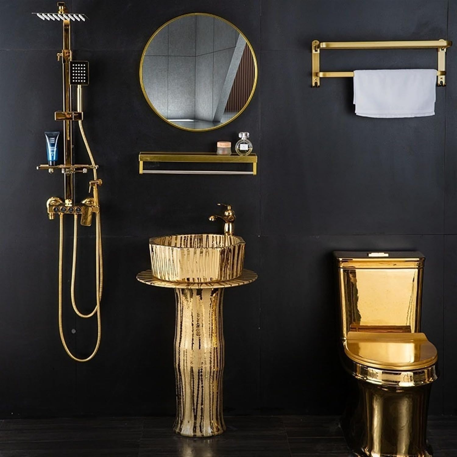 Bathroom Sink 3-Pieces Floor Standing Bathroom Column Basin Vanity Sink, Luxury Golden Pedestal Sink Combo with Faucet & Drain and Mirror Bathroom Pedestal Sink(D)