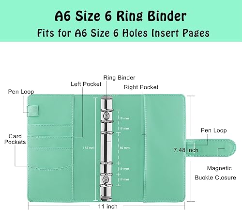Vista 14 de Antner - Archivador de piel sintética con 6 anillos, para papel de tamaño A6, agenda personal con hojas sueltas y cubierta con cierre magnético