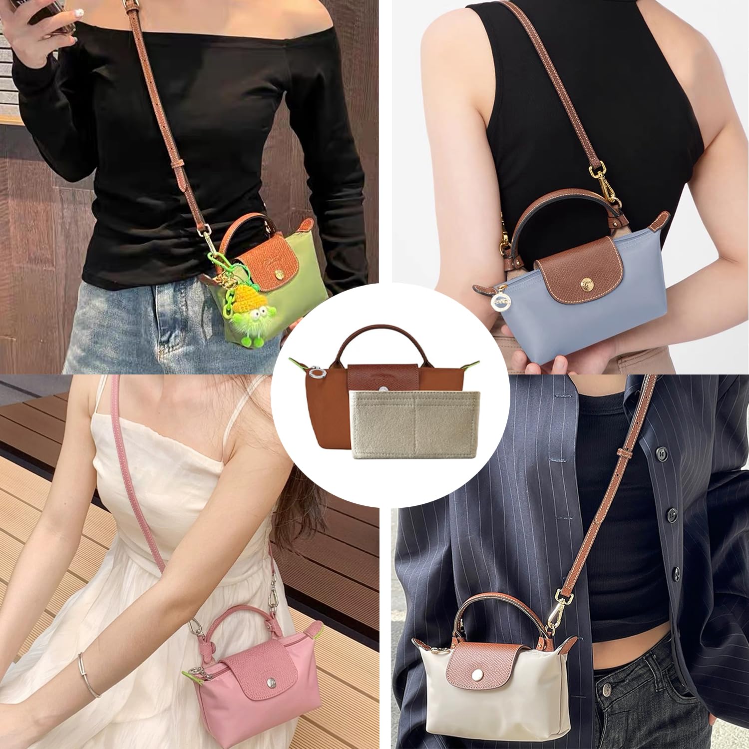 Organizador de bolsas para bolsos pequeños de campeón largo, almacenamiento y organización, forro interior de fieltro, tamaño mini (beige)