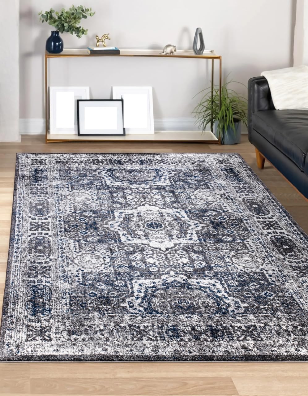 Keen Home Design Area Rugs - Non-Shedding, Thick Pile Abstract Rugs for Kitchen, Living Room, Bedroom, Dining Room, Entryway (Medallion Grey/Blue/