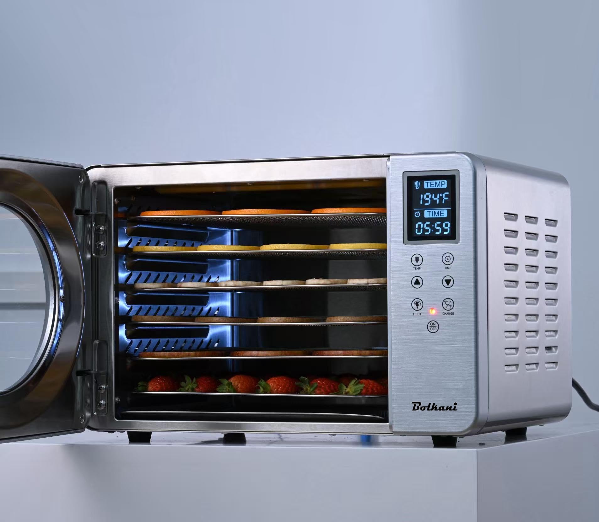 suszarka do żywności ze stali nierdzewnej, 6 tacek, 500 W, wyświetlacz LED, 20 – 90 °C, 24-godzinny timer, cicha praca, łącznie z tacką ociekową i matą osuszającą do owoców i mięsa