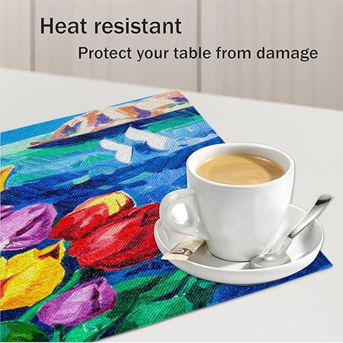 Miniatura 5 de Flower Pattern Placemats Set of 4 Table Mats Washable Placemat Waterproof Place Mats for Party Home Dining Table Decor 18x12 in