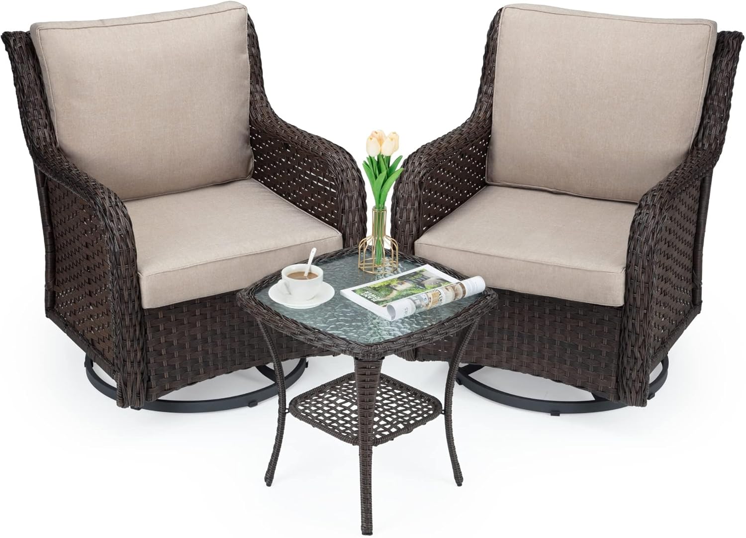 Outdoor Porch Chairs with Table, 3-Piece Wicker Glider Rocking Chair Set, 360° Swivel Patio Furniture with 4" Thick Cushions for Porch, Deck, Balcony