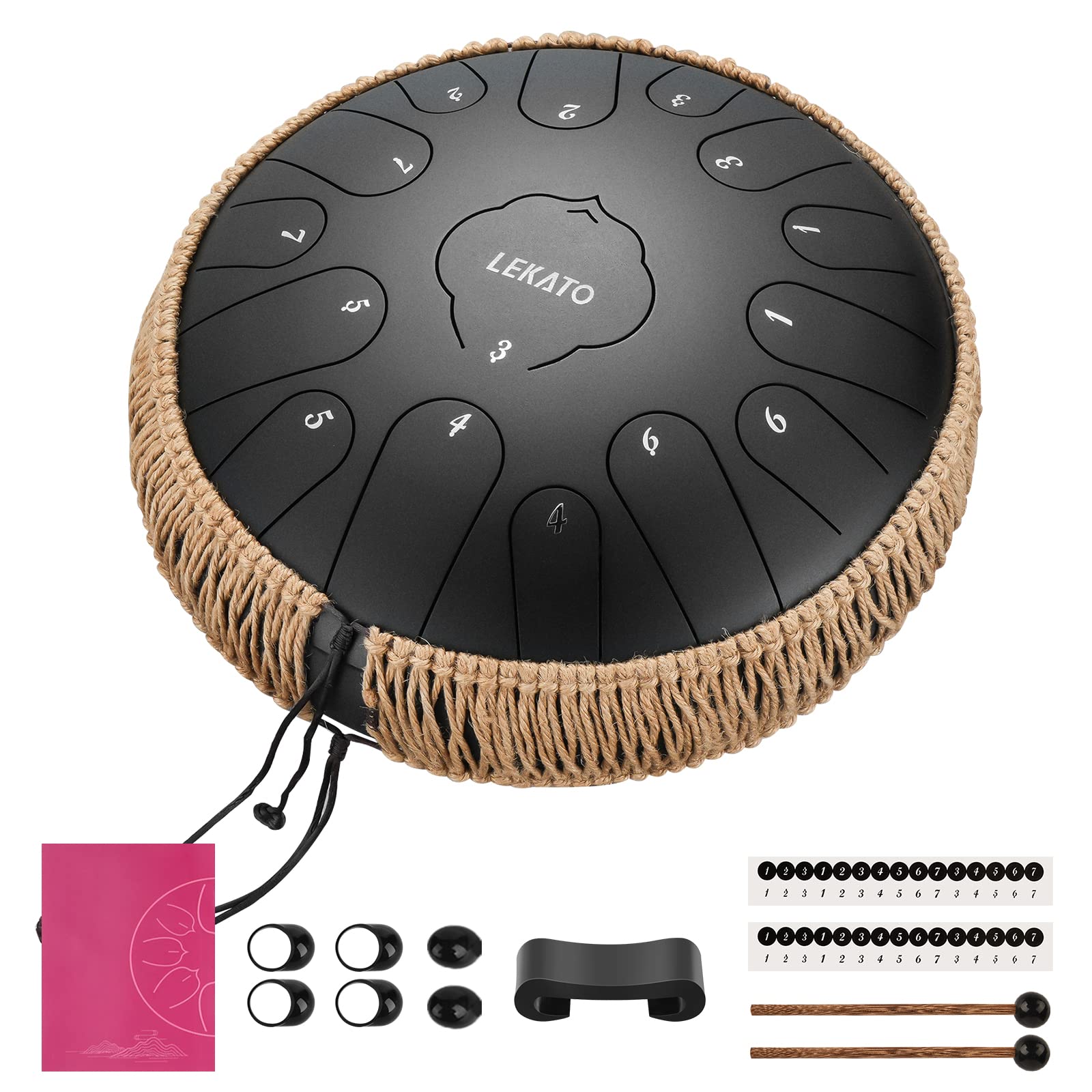 LEKATO Steel Tongue Drum, Tambour Handpan à 13 Pouces 15 Tons en C, Tambour à Langue de Grande Taille, Instrument de Percussion pour la Méditation, le Yoga, l'Education Musicale, Noir
