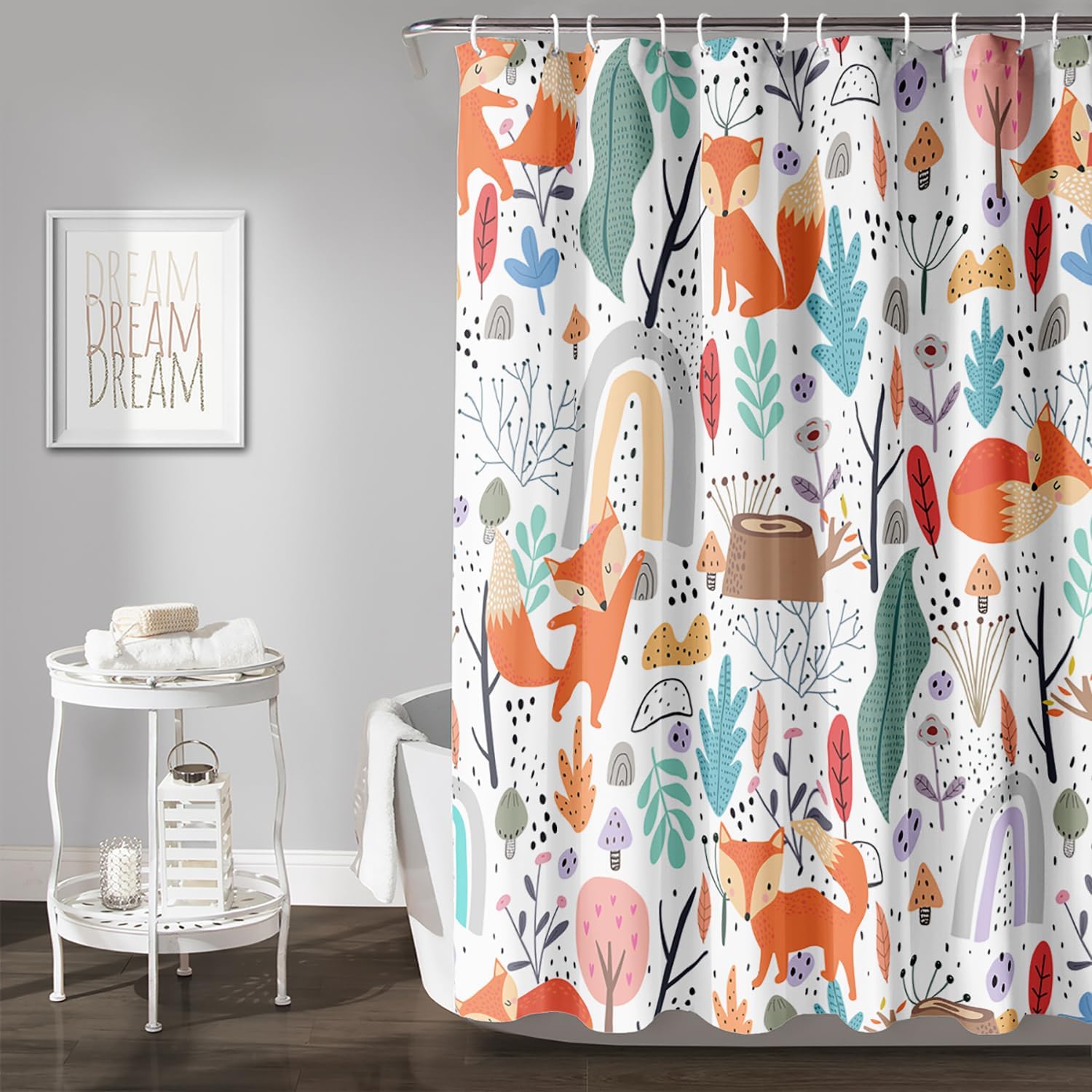 AILONEN Kawaii Fox Shower Curtain 72" W*72" H for Bathroom, Nature Forest Leaves Print, Cute Orange Fox Polyester Waterproof Curtain With 12 Hooks for Girls Kids