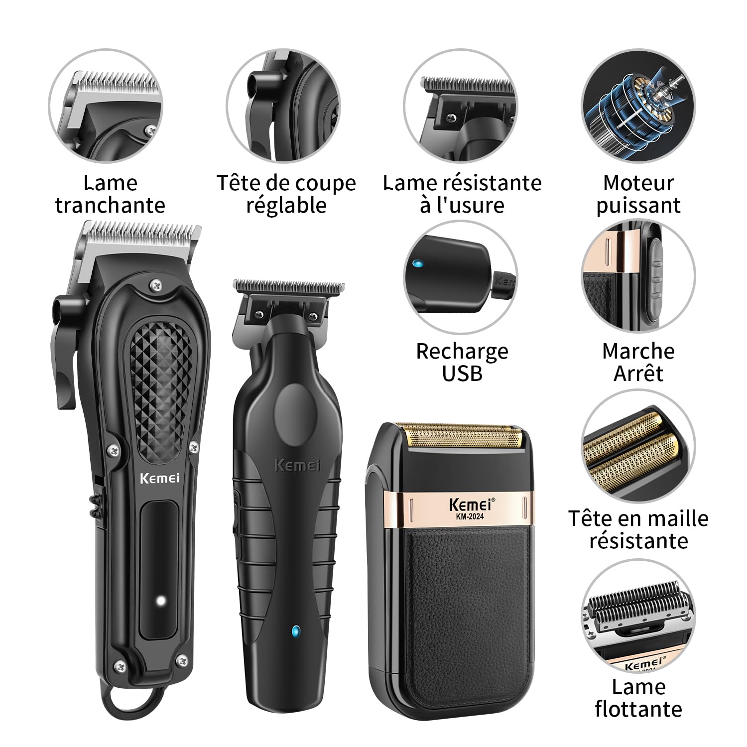 KEMEI Tondeuse professionnelle pour hommes, Ensemble complet de tondeuse à barbe sans fil T-Blade, Kit complet d'électrique de coupe de cheveux avec 9 peignes de guidage