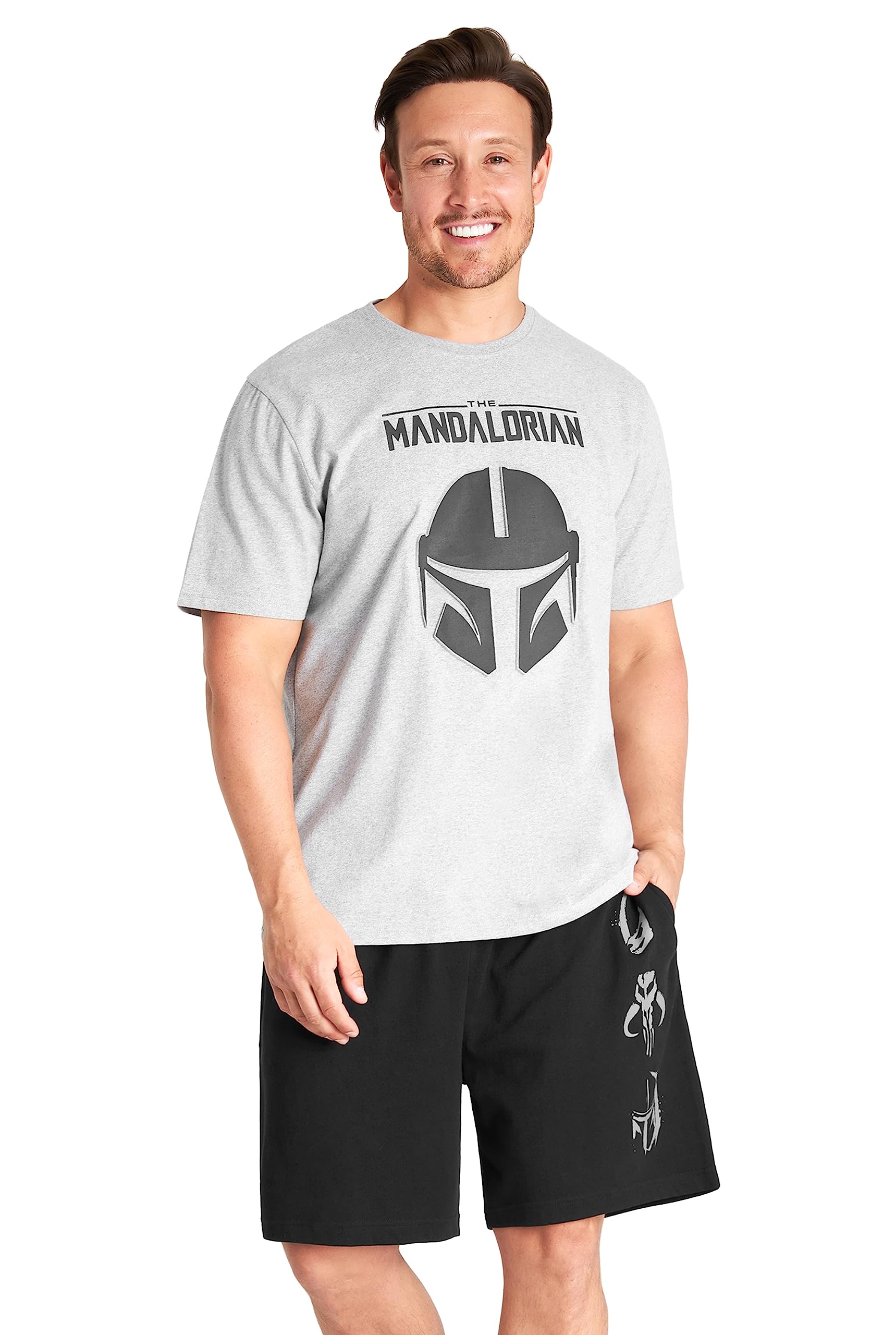 Disney The Mandalorian Mens Pyjamas Set Summer Nightwear Shorts T-Shirt Pyjamas for Men Teenagers Baby Yoda PJs Lounge Wear Soft Breathable Size M-3XL Baby Yoda Gifts for Men (Grey/Black, 3XL)