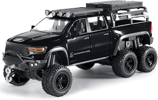 FRJV Toy Trucks for Boys 1/32 Diecast Trucks Mammoth Model Truck,Collectible Pickup Truck Model Kit,Pull Back Cars with Lights and Sounds,Toy Trucks for Boys Age 4-7（Black）