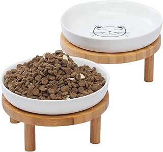 Lusifaco Keramik Katzennapf Erhöht, 15 cm Breite, Erhöhter Katzennapf aus Keramik mit Bambusständer, Schnurrhaarfreundliche Katzen Futternapf, Futterstation Katze, Fressnapf Kätzchen(2er-Set) product image