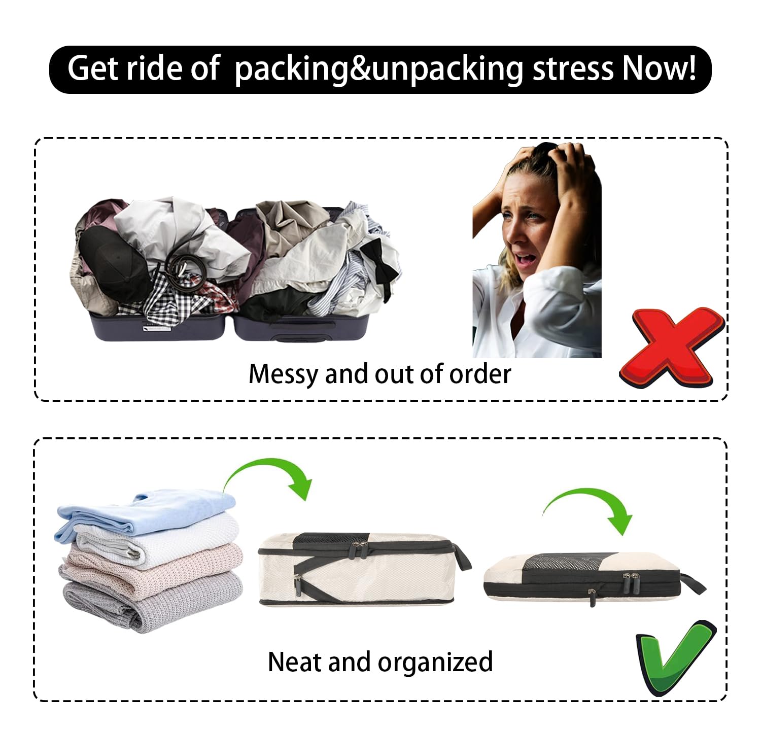 Cubi da viaggio a compressione, leggeri, essenziali per le vacanze, accessori da viaggio per valigie, organizer per valigie, borse da viaggio durevoli (crema)
