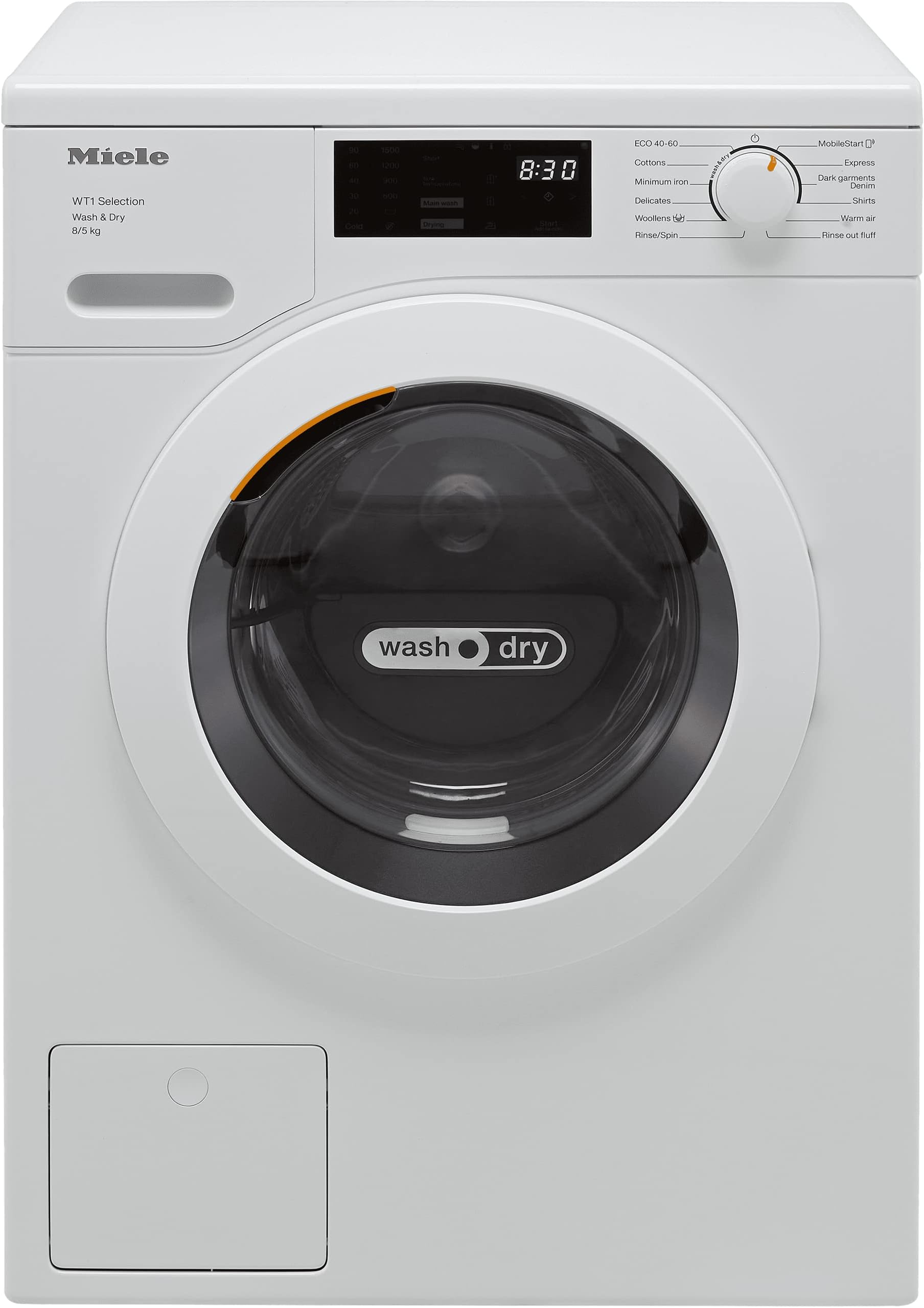 Miele WTD163 8 Kilogram Washer Dryer - Freestanding, Front-Loading Washer Dryer Combo with 1500 rpm Spin, PerfectCare Technology and CapDosing, D Rated Energy Efficiency, in Lotus White
