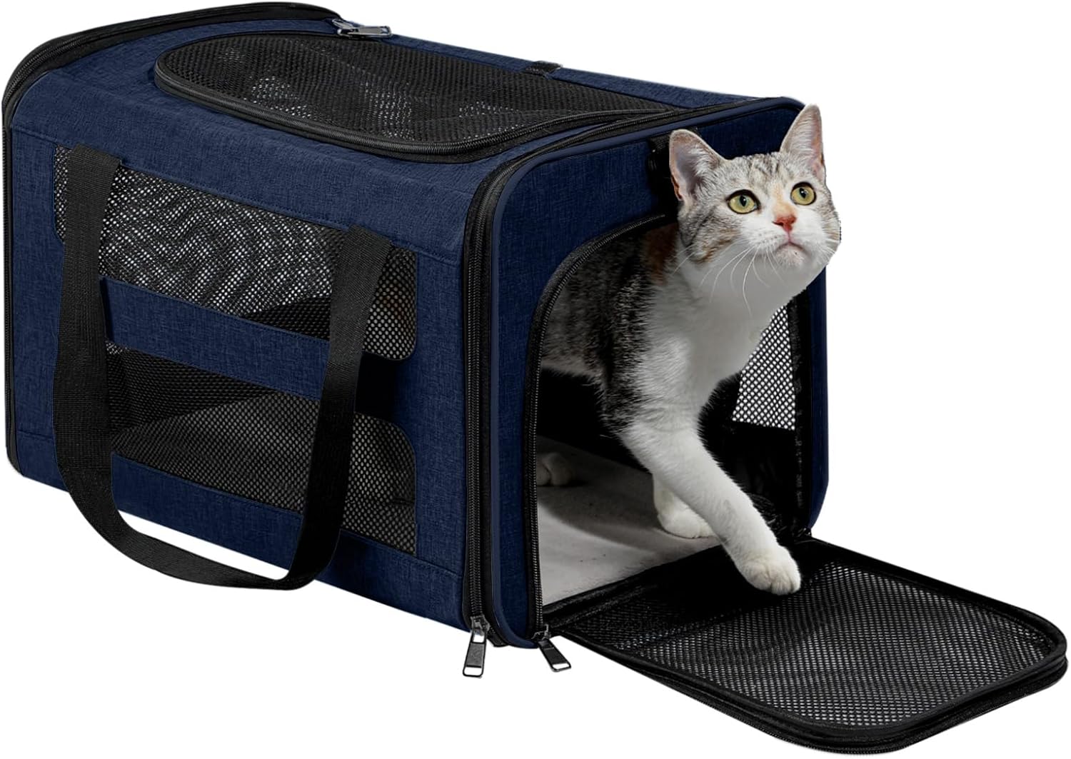 Cat Carrier Soft-Sided Travel Bag for Medium to Large Cats Over 15lbs, Small Dog Carrier Crate Top Entry Breathable Mesh Puppy 12 Pounds, Pet Rabbit Carrying Cage Kennel Collapsible Navy