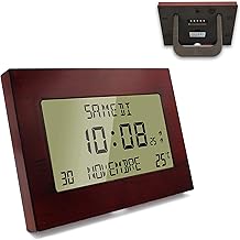 Fishtec - Digital Radio Wall Clock - Calendar Date Day and Time - Large Numbers - 8 Languages - Ambient Temperature - Wall or Stand Hook - 23 x 16 cm - Wood Pattern