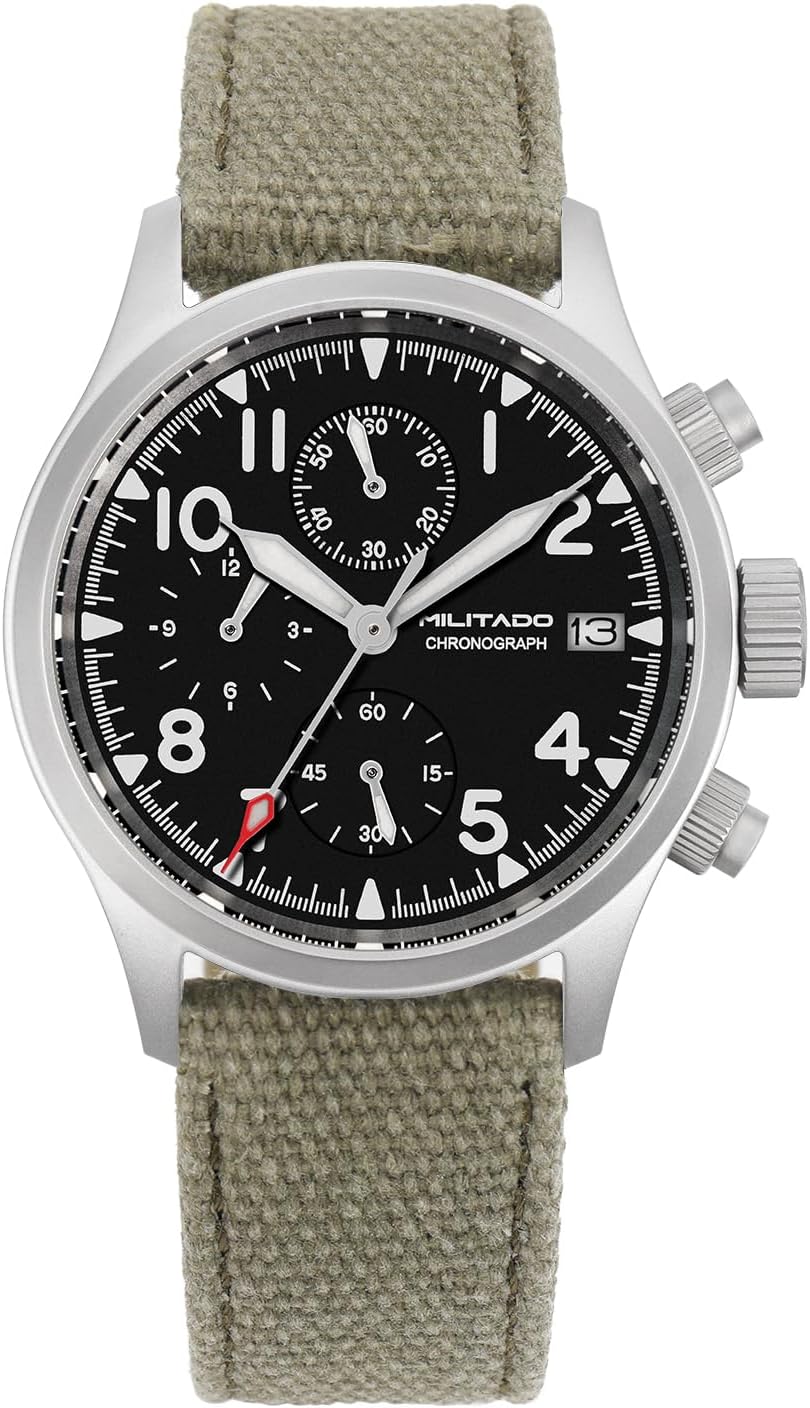 TACTICAL FROG Militado 39mm Military Chronograph Watch VK67 Quartz Sapphire Crystal Two-Color Luminous ML1868-2, Green Canvas Band