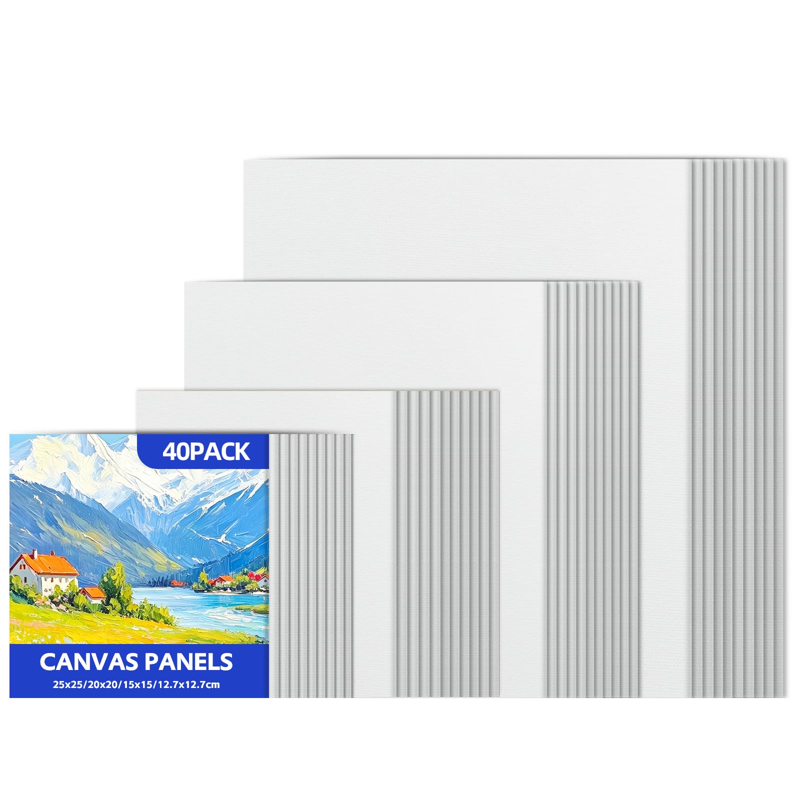 RITOLLO Canvas Panels for Painting Set – 40 Pack Cotton Canvas Boards, Acid-Free 3mm Thick, Multi Size 25x25cm, 20x20cm, 15x15cm, 12.7x12.7cm for Acrylic, Oil & Watercolour, School, Studio & DIY Art