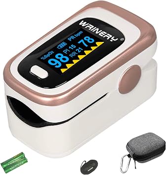 WRINERY Oxygen Saturation Monitor, Pulse Oximeter Fingertip, Oxygen Monitor, O2 Saturation Monitor, OLED Portable Oximetry with Batteries, Lanyard Rose gold-White