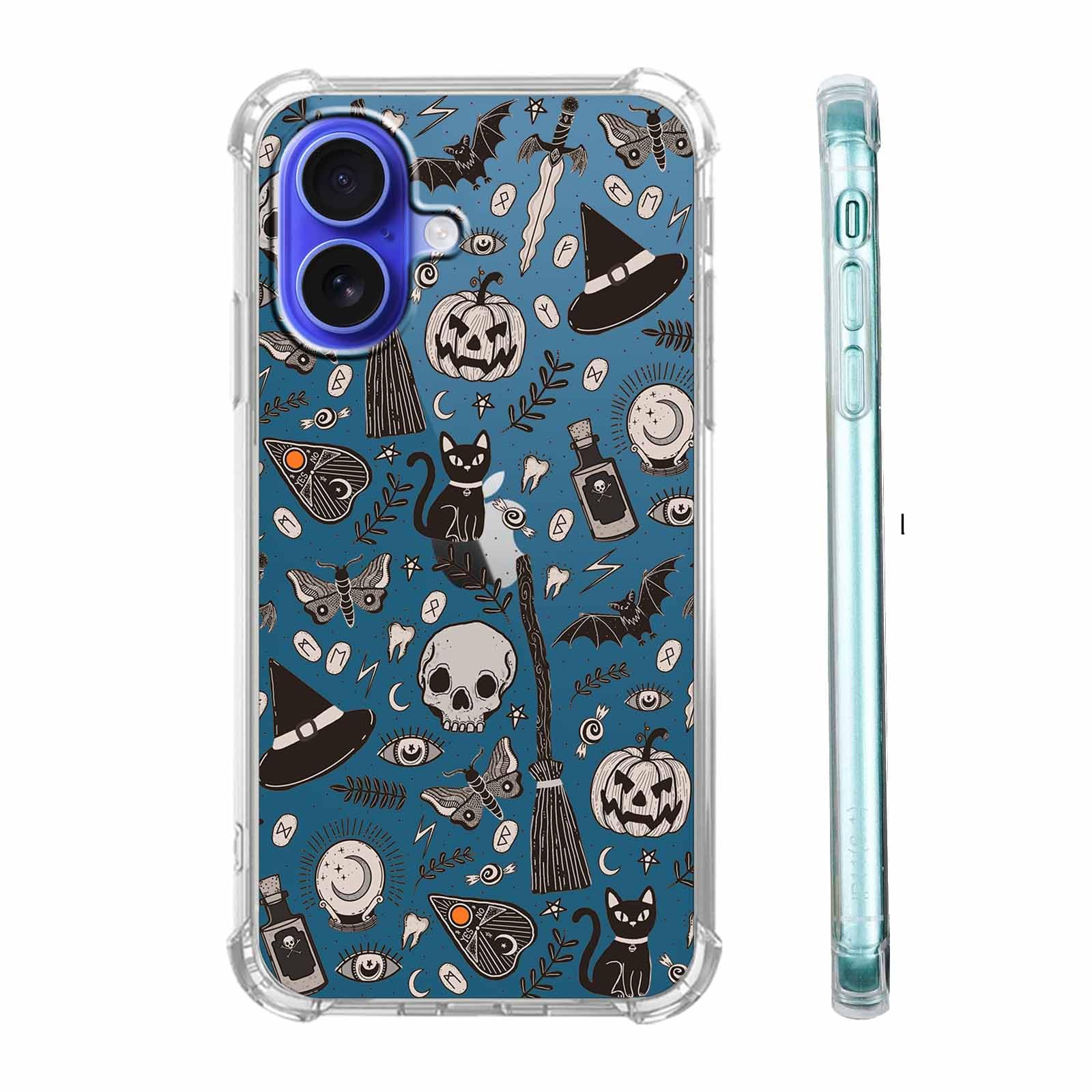 Vesidurt Black Halloween Clear for iPhone 16 Case,Pumpkin Skull Bat Pattern,Trendy Transparent Soft TPU Bumper Case for iPhone 16,6.1"