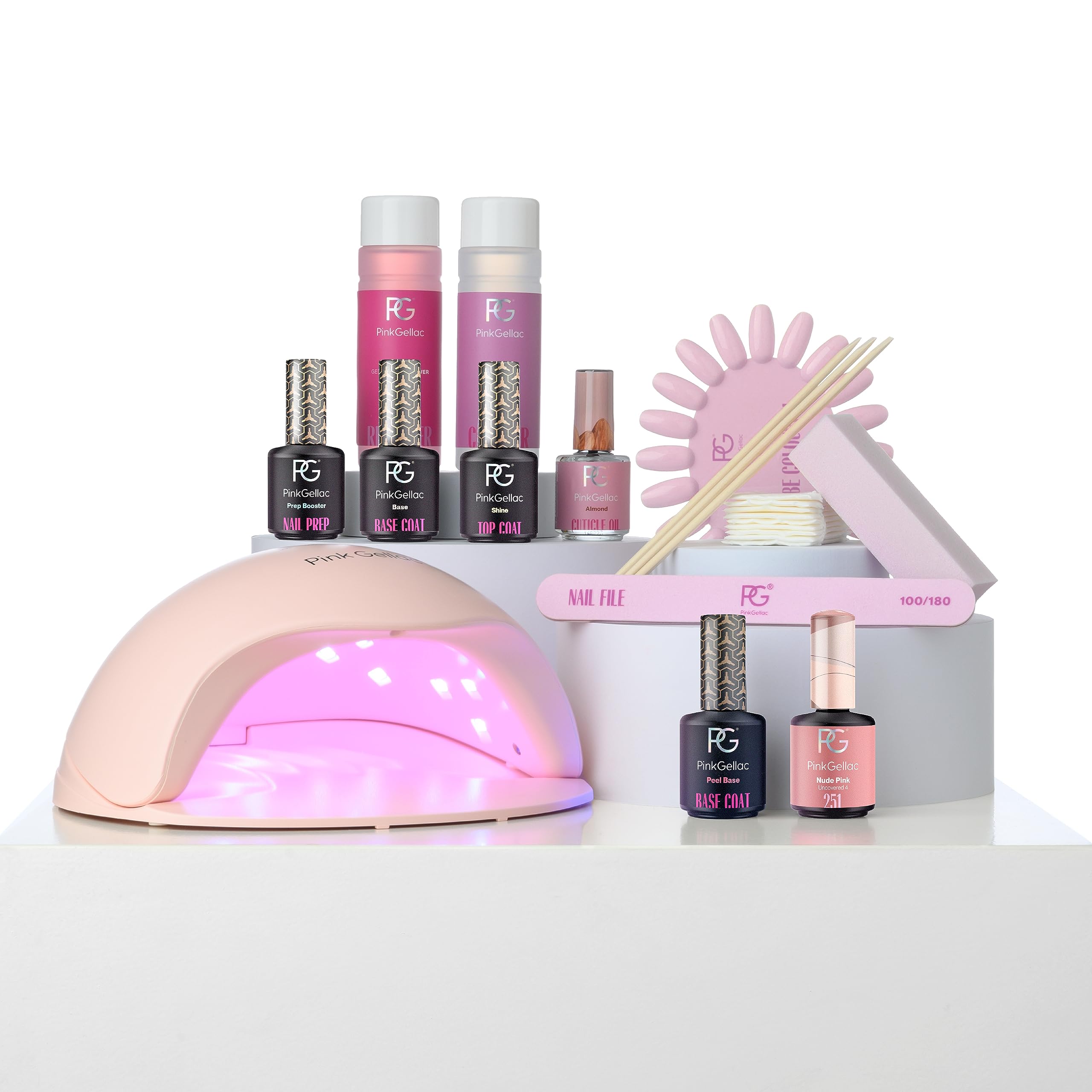 Pink Gellac Kit de Uñas Semipermanentes - Set Manicura y Pedicura con Pro Lampara Uñas Semipermanentes Rosa, 4 Tonos Rojos 15 ml, Top Coat y Base Coat Peel Off, Removedor, Limpiador - Calidad de Salón