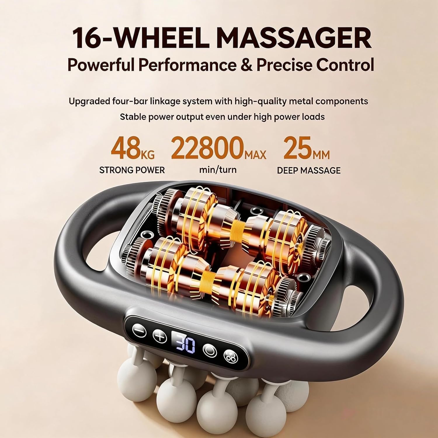 Heated Massage Gun, 16 Heads Percussion Deep Tissue Massager, 30 Speeds Low Noise Portable Muscle Massager for Neck Back Leg Pain Relief