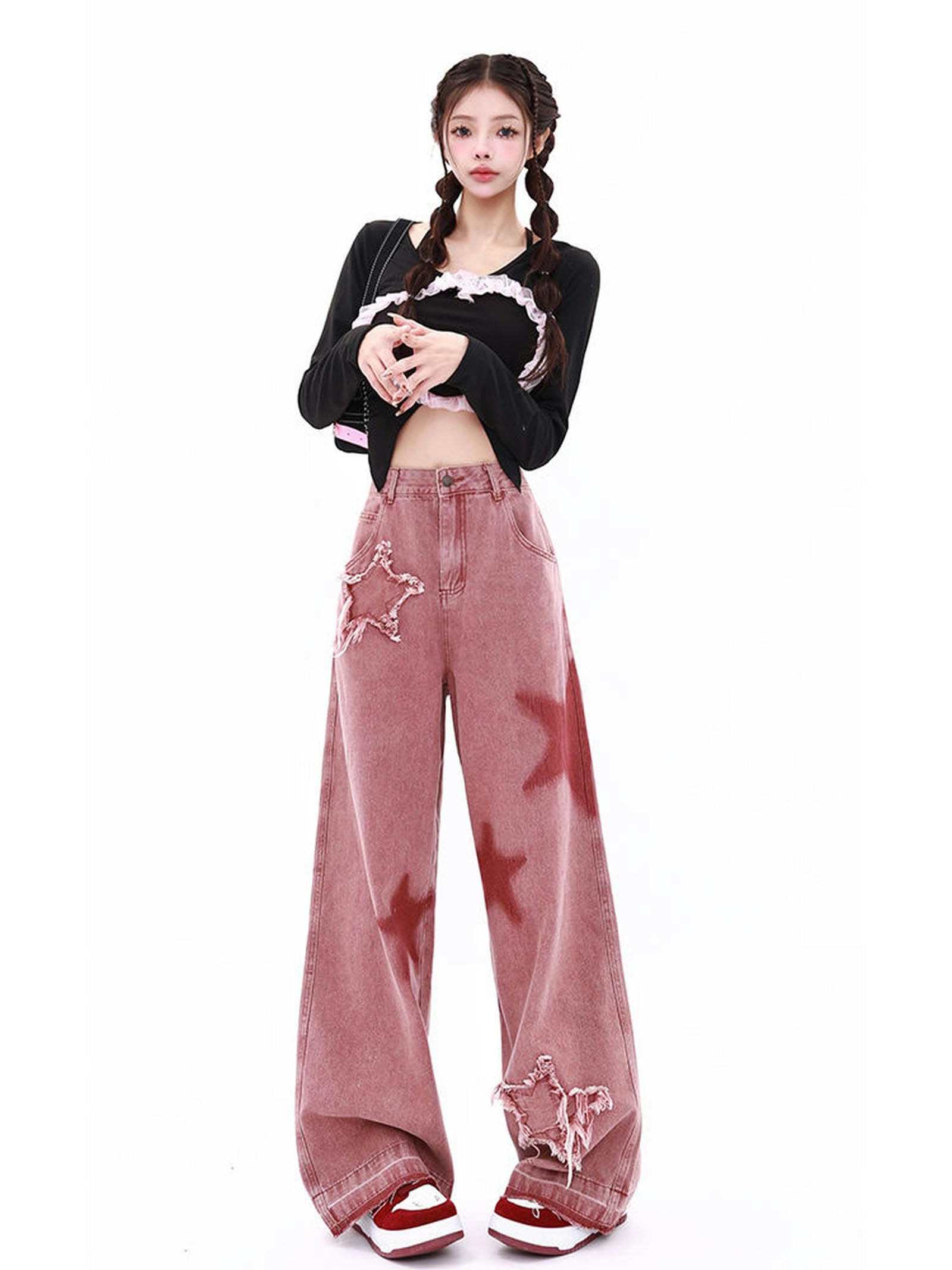 Automne Rose Jeans Femme High Street Rétro Étoile Brodé Doux Fille Style Pantalon Lâche Mode Pantalon Large Femme 2023-Rouge Rouille-M