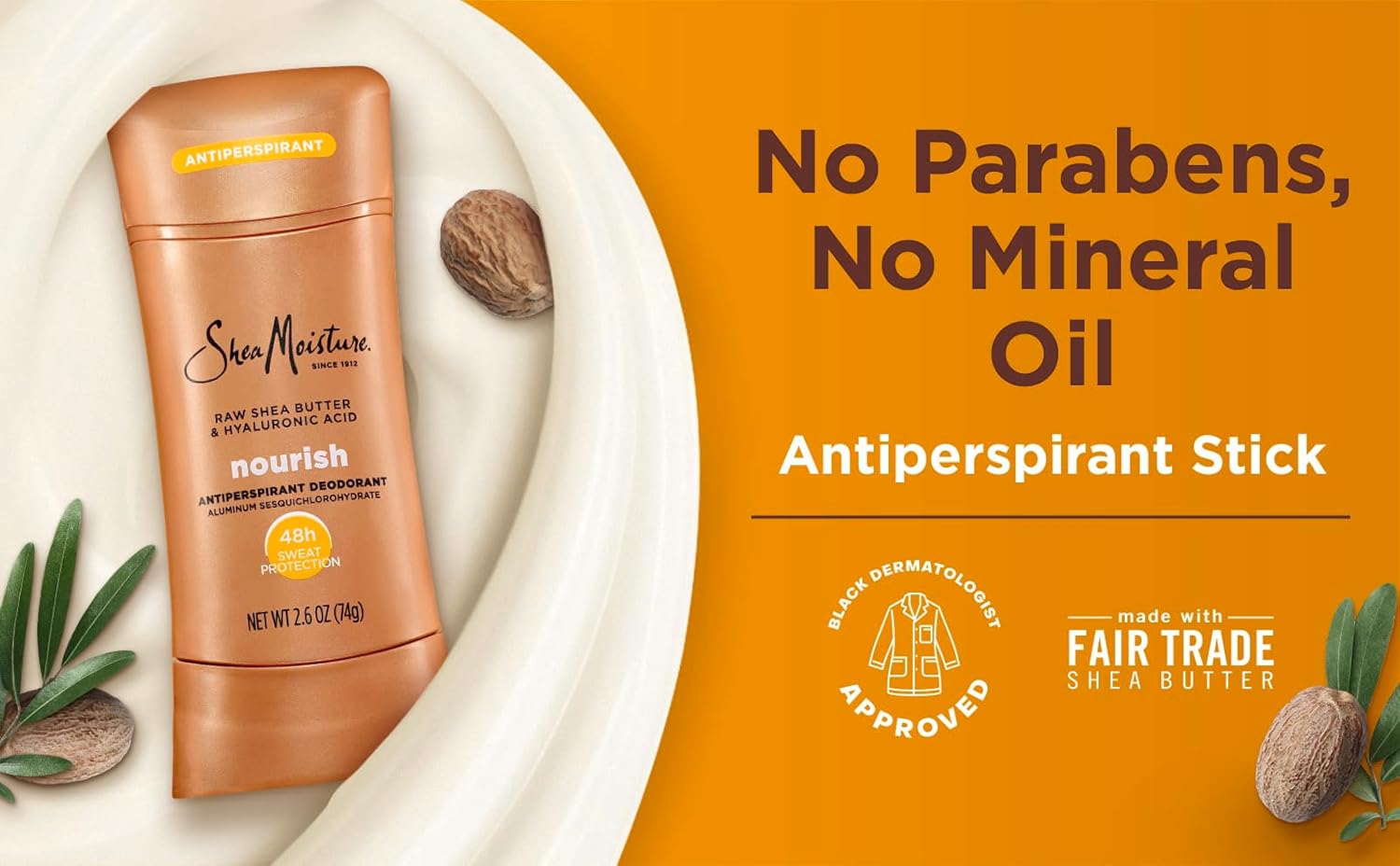 SheaMoisture Antiperspirant Deodorant Stick Moisturizing Raw Shea Butter & Hyaluronic Acid for 48HR Sweat & Odor Protection with No Parabens-& No Mineral Oil 2.6 oz,(Pack of 4)