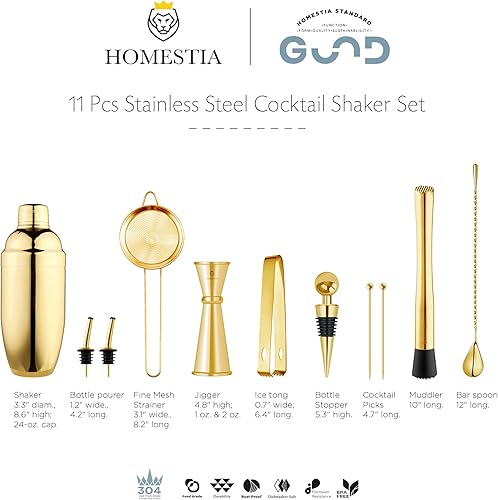 Miniatura 2 de Homestia - Juego de coctelera dorada de acero inoxidable para carrito de barra coctelera de Martini de 24 onzas cuchara mezcladora de bebidas doble