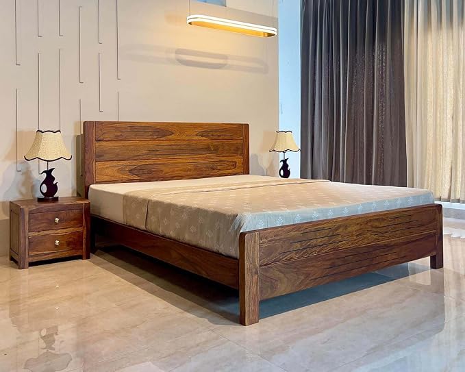 Sheesham Wood Bed Without Storage, Solid Wood in Natural Finish, Modern Design |