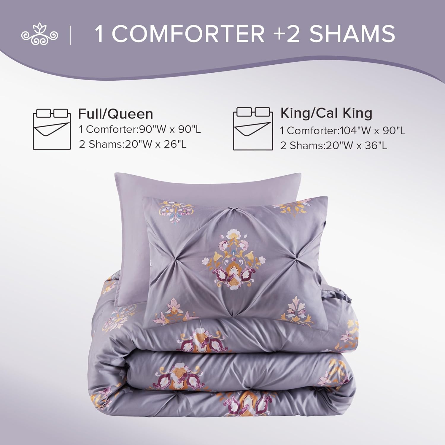 Comfort Spaces Purple Comforter Set - 3 Pieces Pintuck Tufted Vintage Floral Bedding Set, All Seasons Skin-Friendly, Lightweight & Soft Microfiber Bed Set, Shams, Misha, King/Cal King