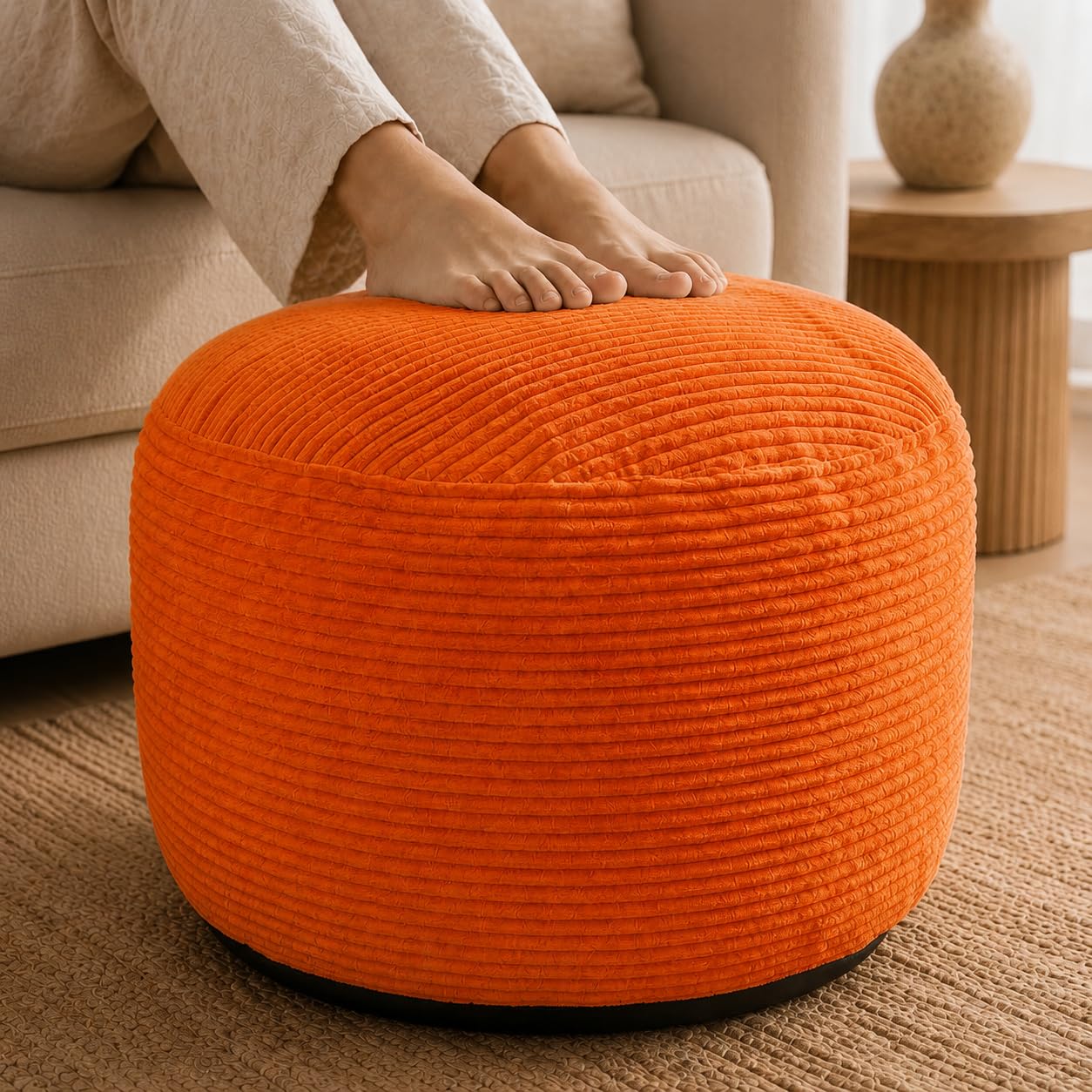 Stuffed Pouf Ottoman,Corduroy Foot Rest,Pumpkin Orange,24 Inch