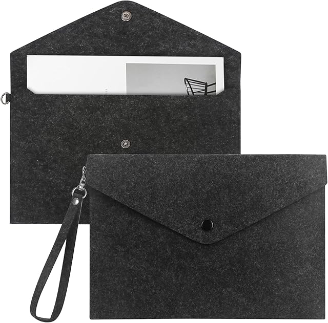 FYY File Folder, Felt A4 Document Holder File Organizer Filing Envelope Portfolio Case Tablet Sleeve with Button Closure and Wrist Strap for Home School Office Stationery Dark Grey