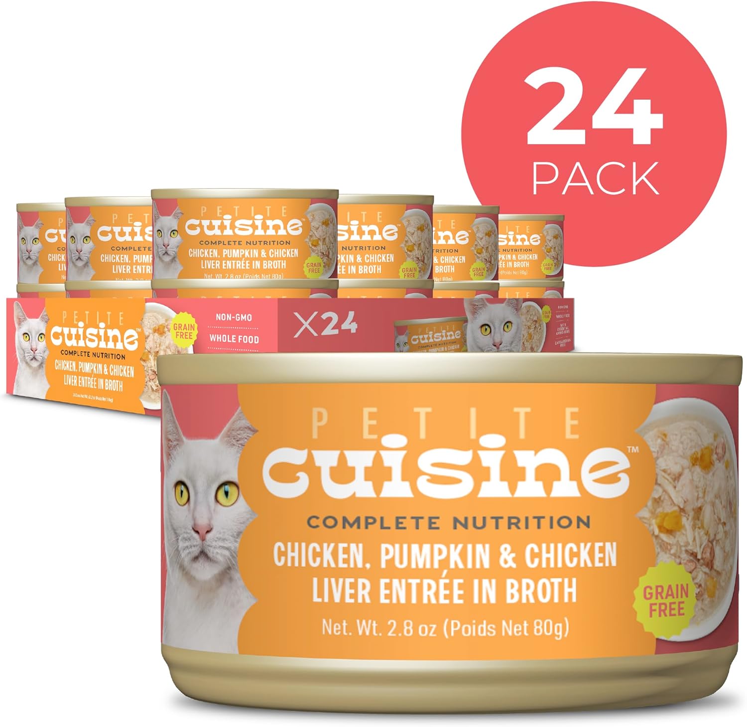 PETITE CUISINE Whole Foods Wet Cat Food, Chicken, Pumpkin & Chicken Liver Entree in Broth, 2.8 oz. Can (24 Count)