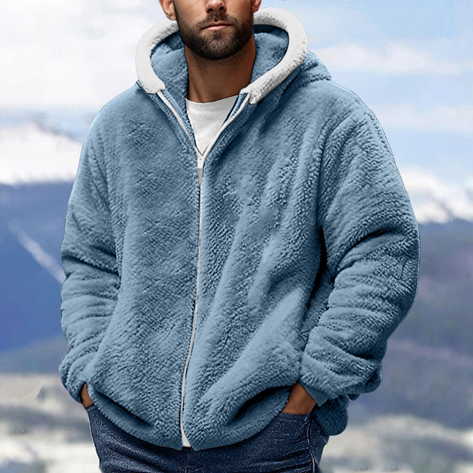 Muscularfit Fuzzy Sherpa-Jacke für Herren, Fleece, langärmelig, durchgehender Reißverschluss, lässig, warm, Winterjacke, Mäntel, Outdoor-Mode, #F23-Blau, XX-Large