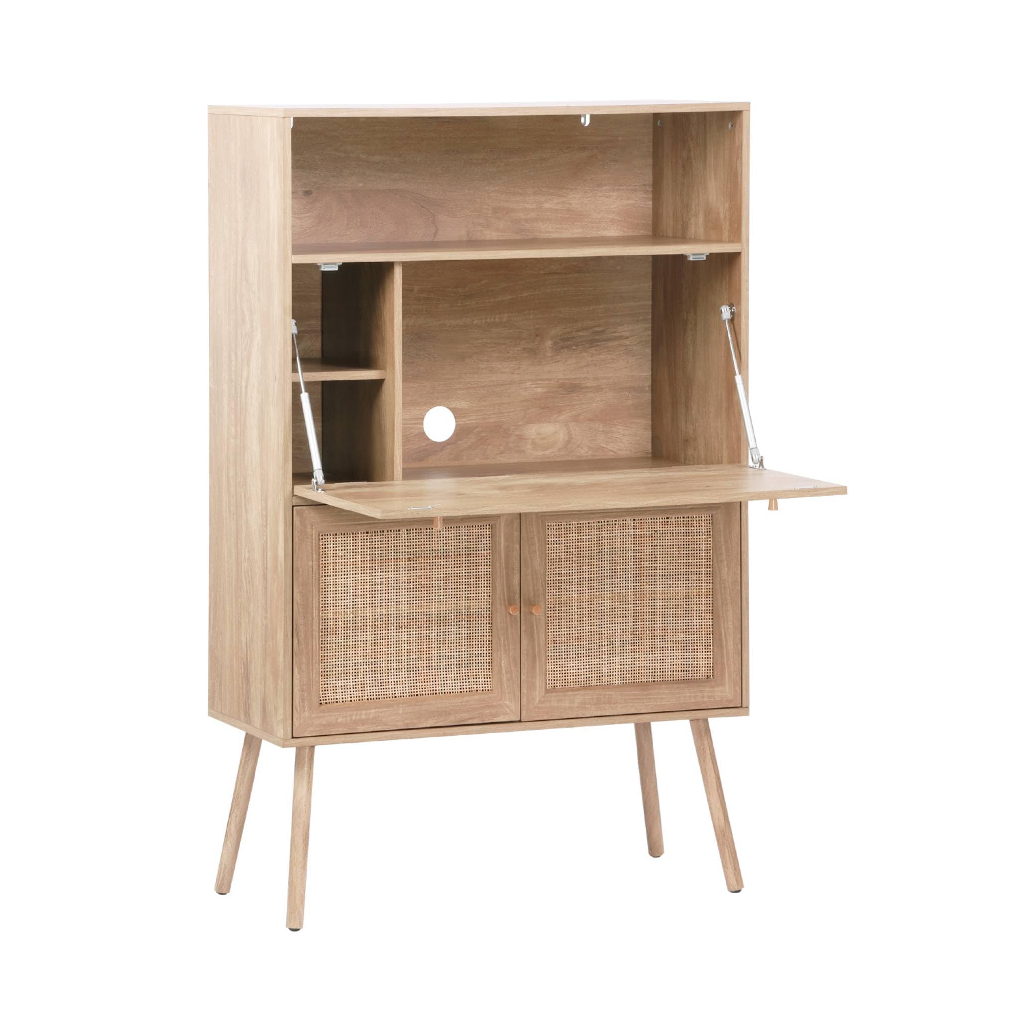sweeek - Bureau secrétaire décor Bois et cannage 2 Portes Naturel - Boheme