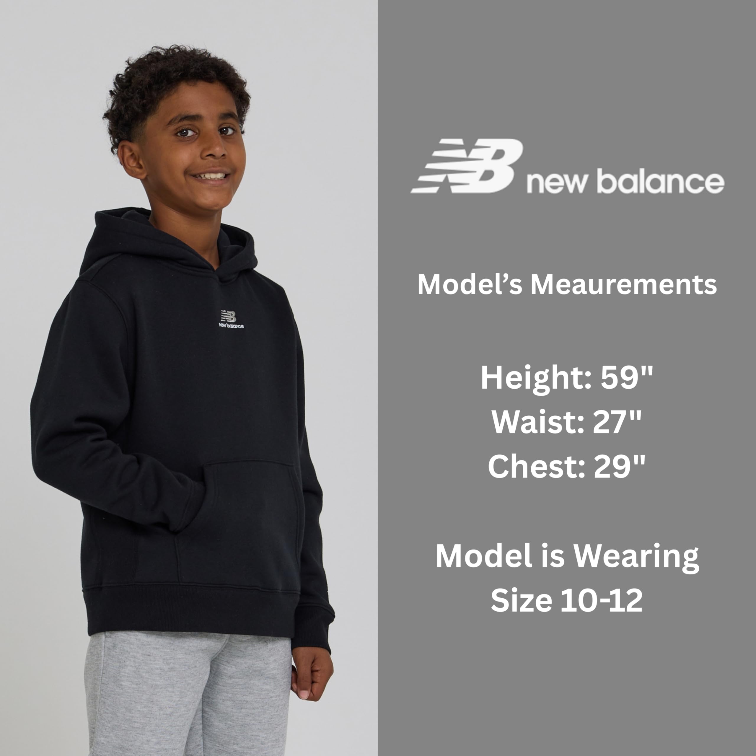New Balance Sudadera clásica con capucha para niños, cómoda mezcla de algodón y forro polar, tallas 4-20