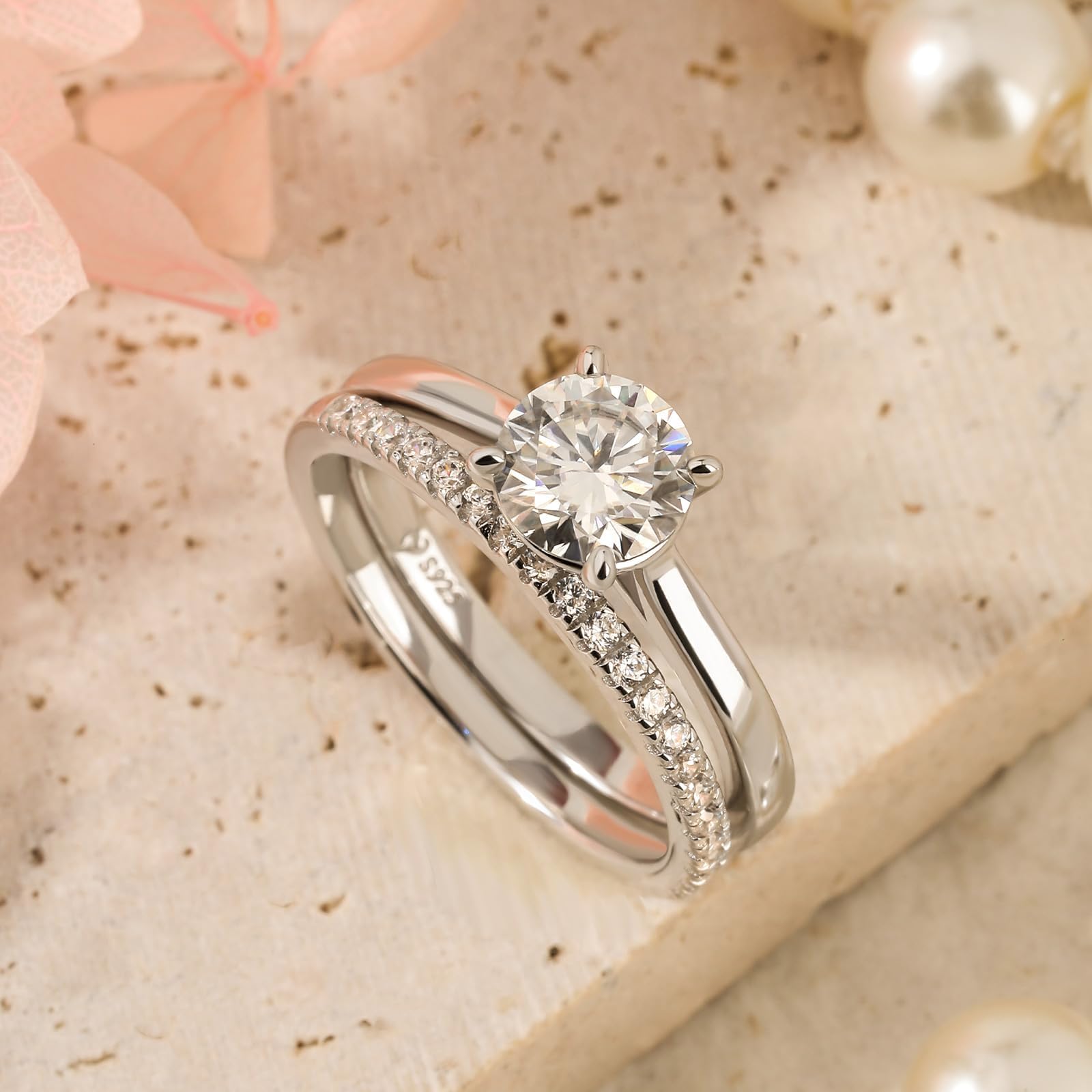 Damen Moissanit Klassisch Band Ring Set 925 Sterling Silber Vorsteckring Rundschliff Stein Stapelring Modern Elegant Doppelring Frauen Trauring für Hochzeit Valentinstag