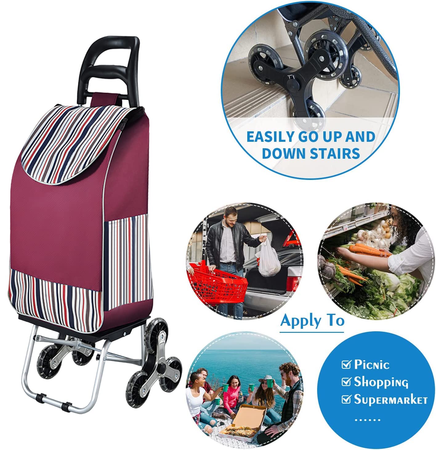 Einkaufstrolley Stabiler 2 in 1 Klappbar Einkaufswagen Multifunktional Treppensteigwagen mit 3 Geräuschlos Räder (D)