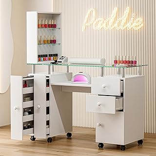Manicure Table Nail Tech Table, Glass Top Nail Desk Station for Nail Tech w/Shelves & Wrist Cushion, Acetone Resistant Beauty Salon Workstation w/Lockable Wheels(White)