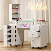 Paddie Manicure Table, Glass Top Nail Tech Table Nail Desk Station for Nail Tech w/Shelves, Wrist Cushion, Lockable Wheels, Storage Drawers, Ceramic HandlesWhite