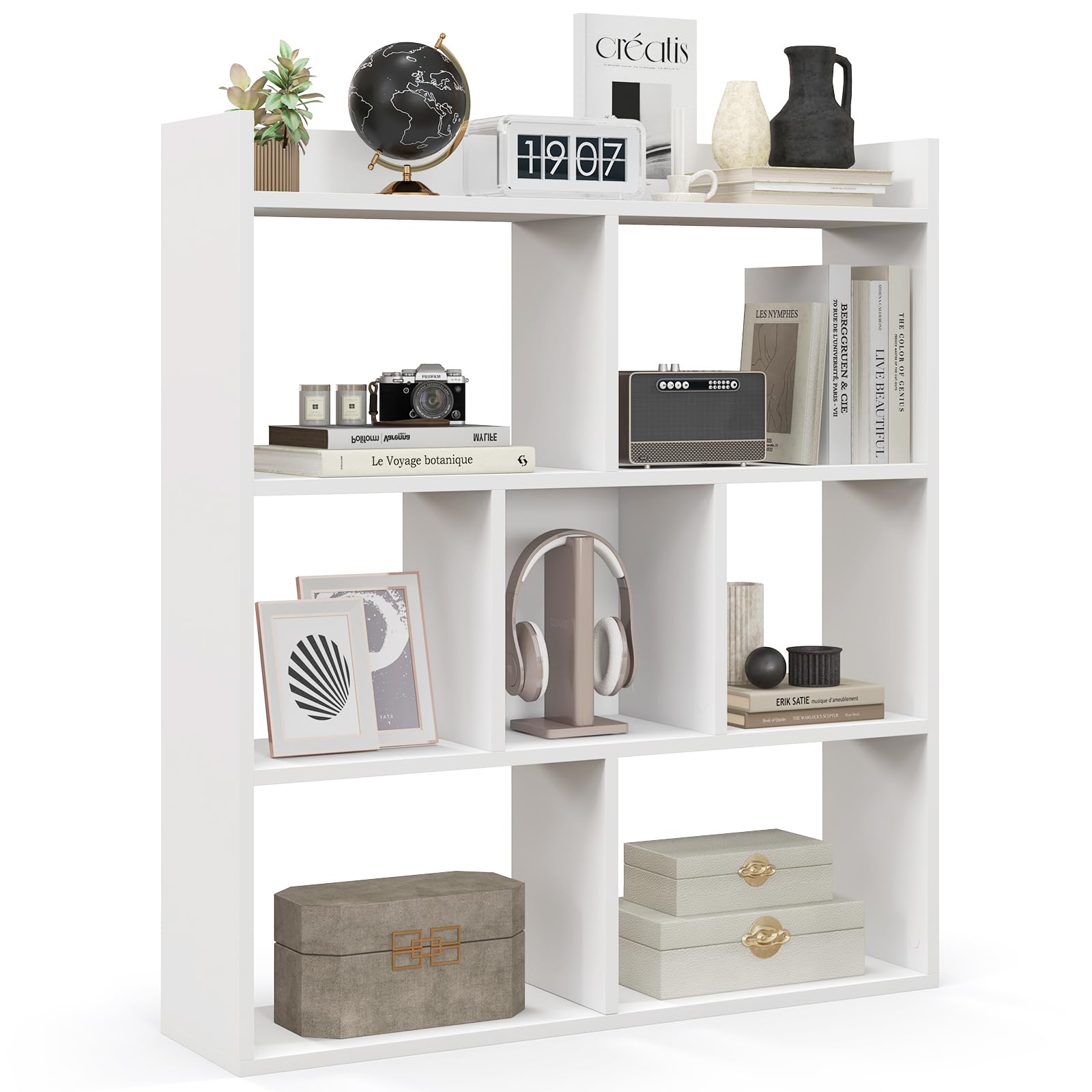 GOPLUS Librería de 7 Cubos Abiertos, Estantería de Madera de 3 Niveles con Kits Antivuelco, Mueble de Almacenamiento para Salón, Habitación Infantil, Estudio, Oficina, 80 x 20 x 90 cm (Blanco)