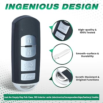 Beefunny Replacement Key Fob Shell Case for Mazda 3 2014-2018, Mazda 6 2014-2018, CX-5, CX-9, MX-5 Miata, WAZSKE13D01 662F-SKE13D01 Smart Keyless Entry Remote Cover