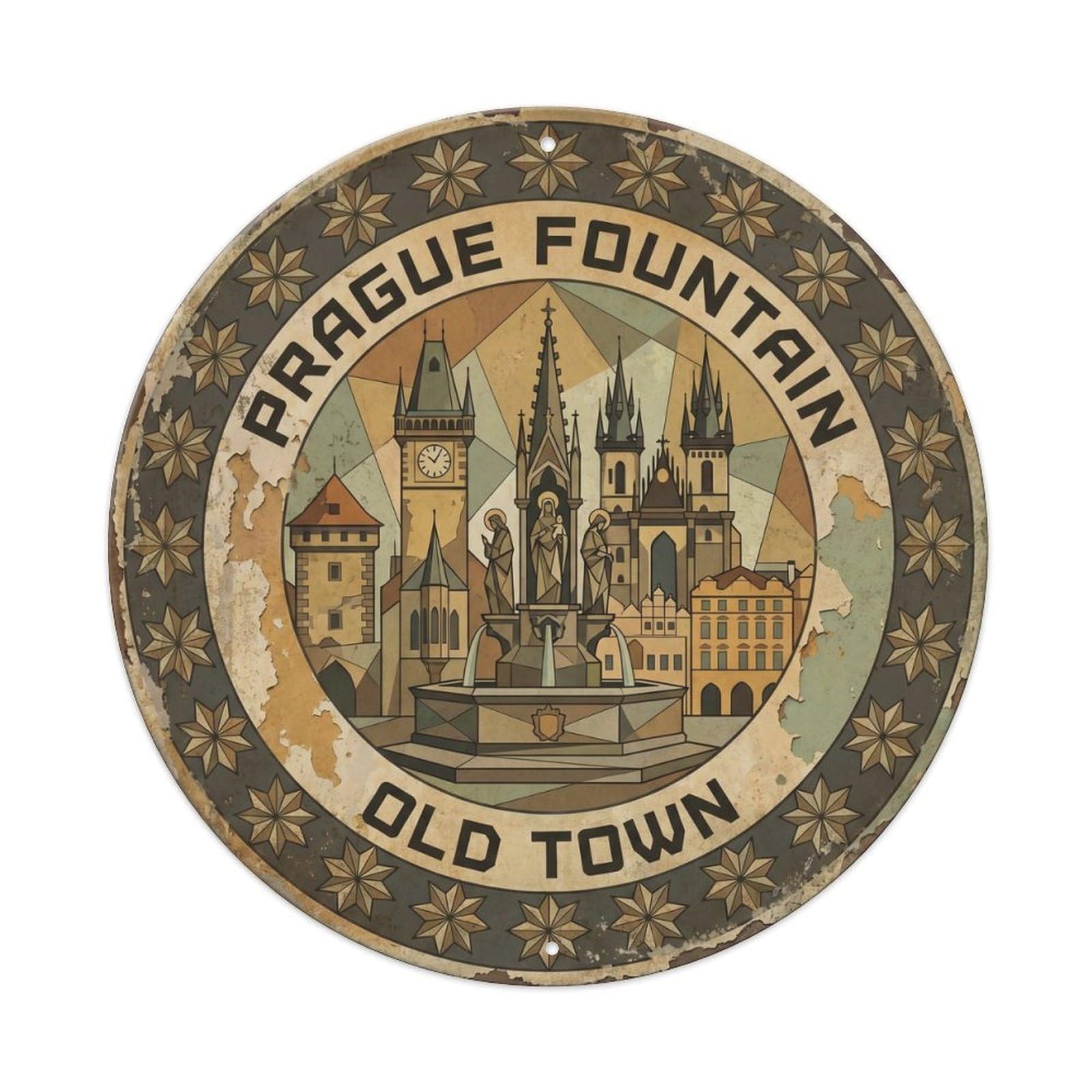 Vintage Travel Prague Fountain Old Town Metal Tin Sign Plaque Wall Decor for Cafe, Club, Garden Round Metal Poster 8x8Inch