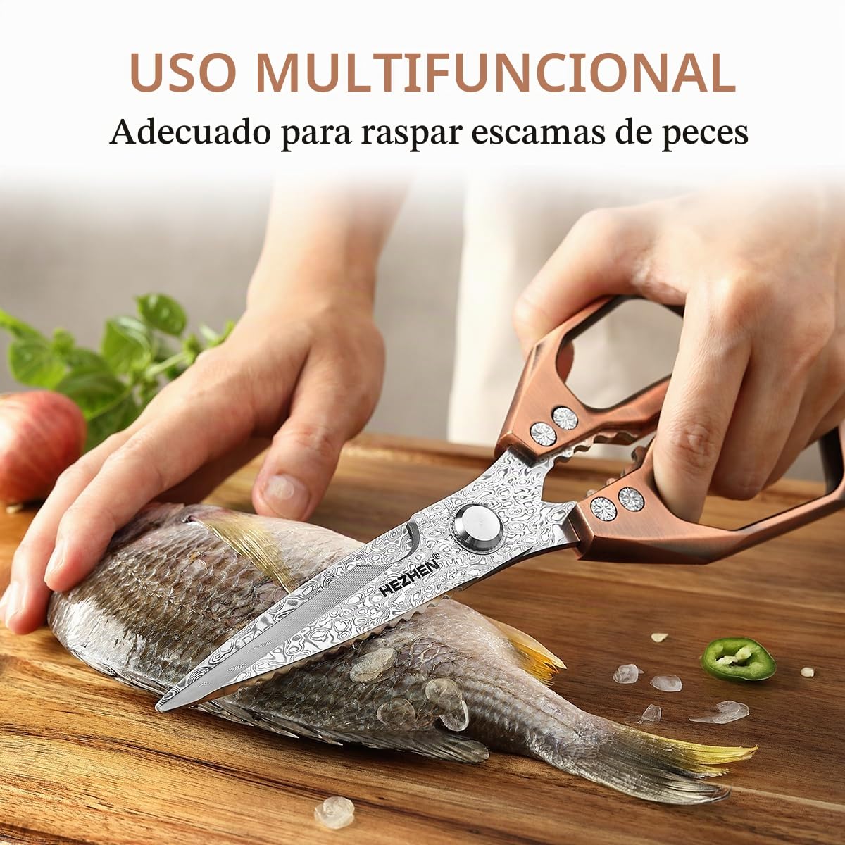 HEZHEN Tijeras de Cocina Damasco, Profesionales Multifunción con Corte de Sierra y Mango de Aleación de Aluminio