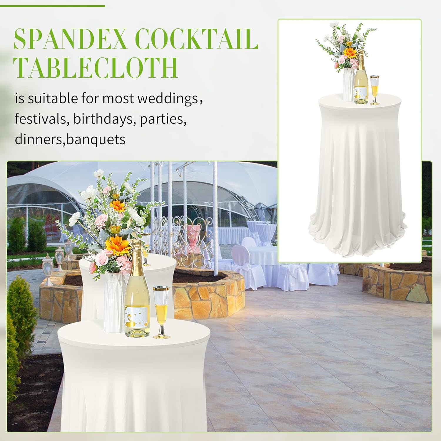 Tegeme 4 Packs Round Spandex Cocktail Tablecloths with Skirt 32 x 43 Inch Cocktail Round Table Cover Spandex Stretch Square Tablecloth Skirt for Table Bar Wedding Party Banquet(Ivory)